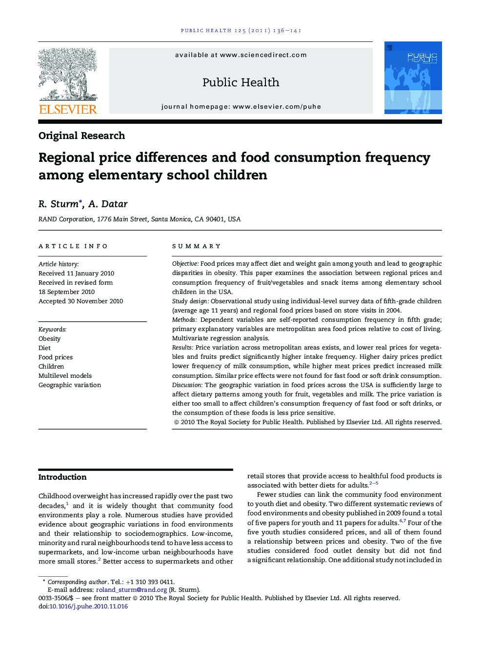 Regional price differences and food consumption frequency among elementary school children