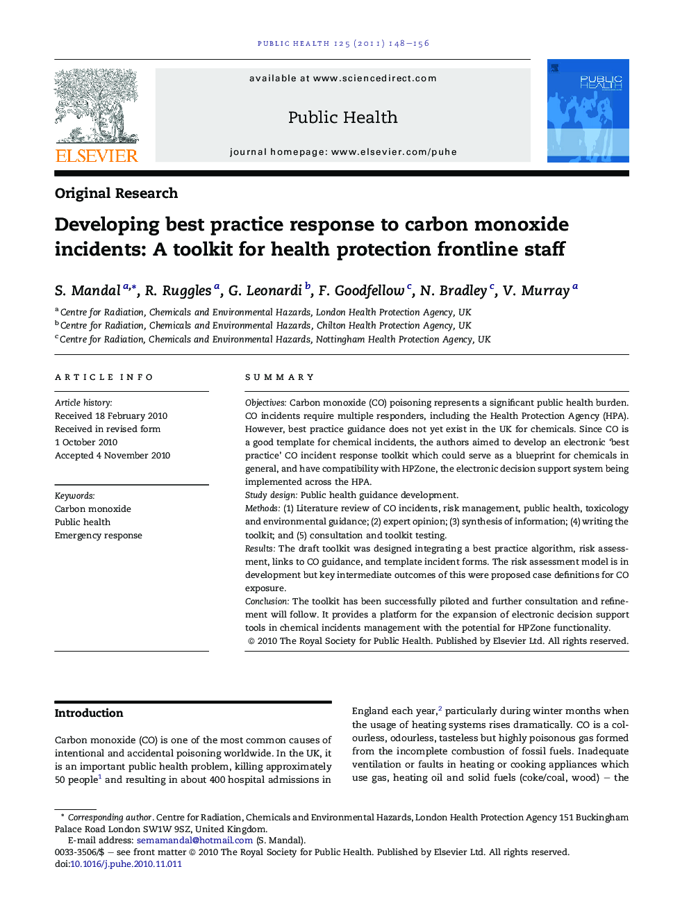 Developing best practice response to carbon monoxide incidents: A toolkit for health protection frontline staff