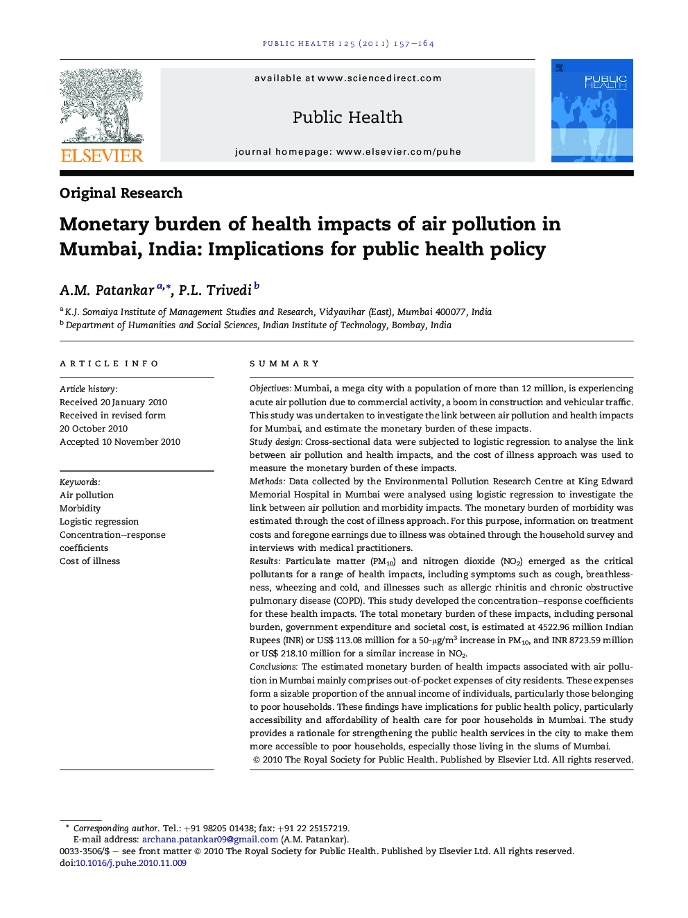 Monetary burden of health impacts of air pollution in Mumbai, India: Implications for public health policy