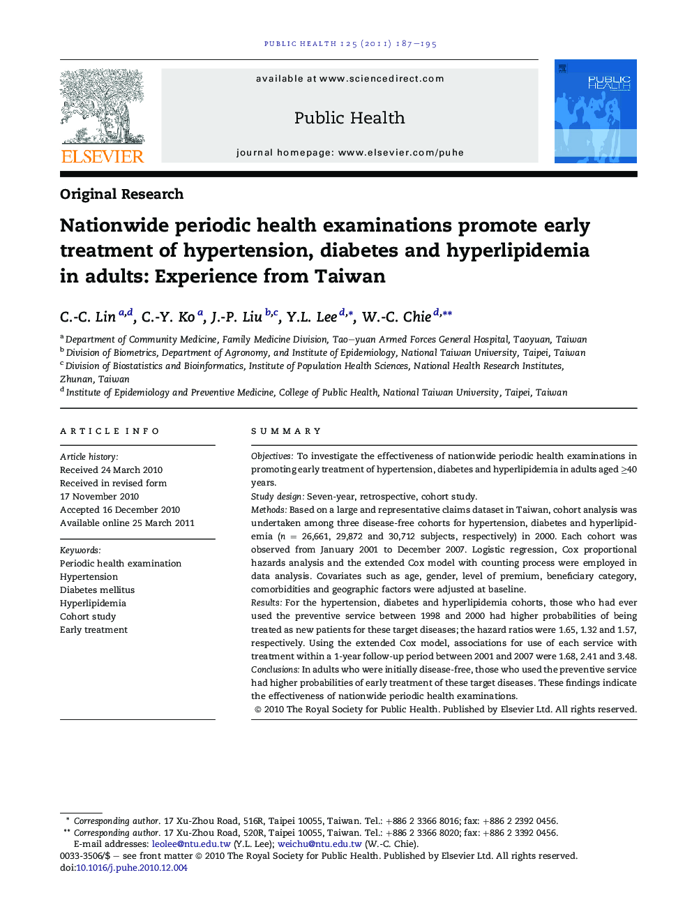 Nationwide periodic health examinations promote early treatment of hypertension, diabetes and hyperlipidemia in adults: Experience from Taiwan