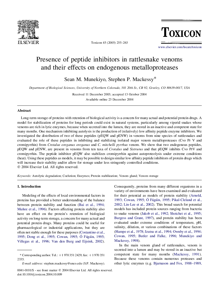 Presence of peptide inhibitors in rattlesnake venoms and their effects on endogenous metalloproteases