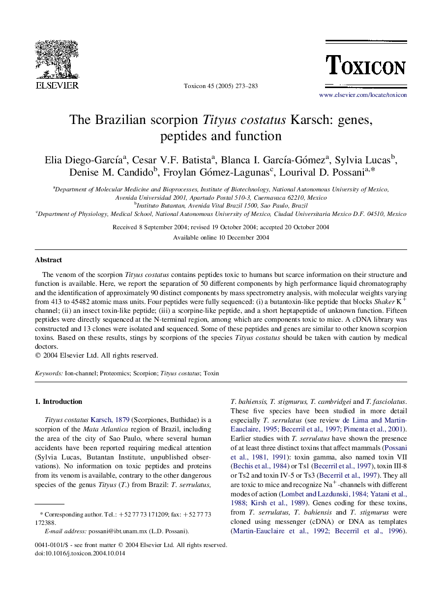 The Brazilian scorpion Tityus costatus Karsch: genes, peptides and function