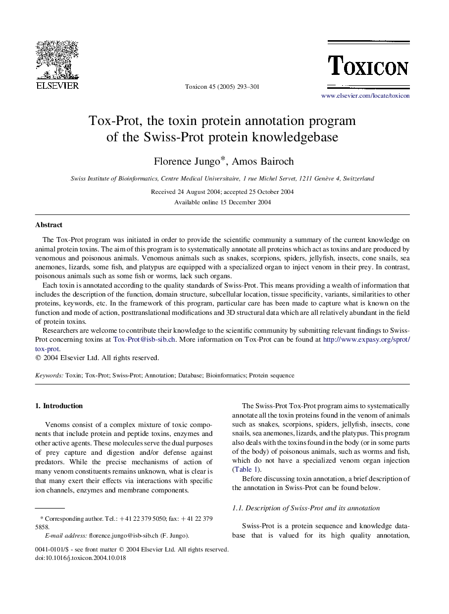 Tox-Prot, the toxin protein annotation program of the Swiss-Prot protein knowledgebase