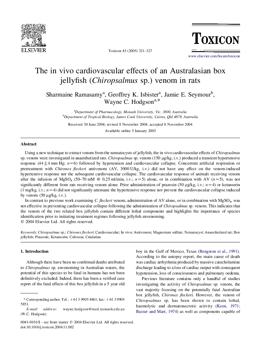 The in vivo cardiovascular effects of an Australasian box jellyfish (Chiropsalmus sp.) venom in rats