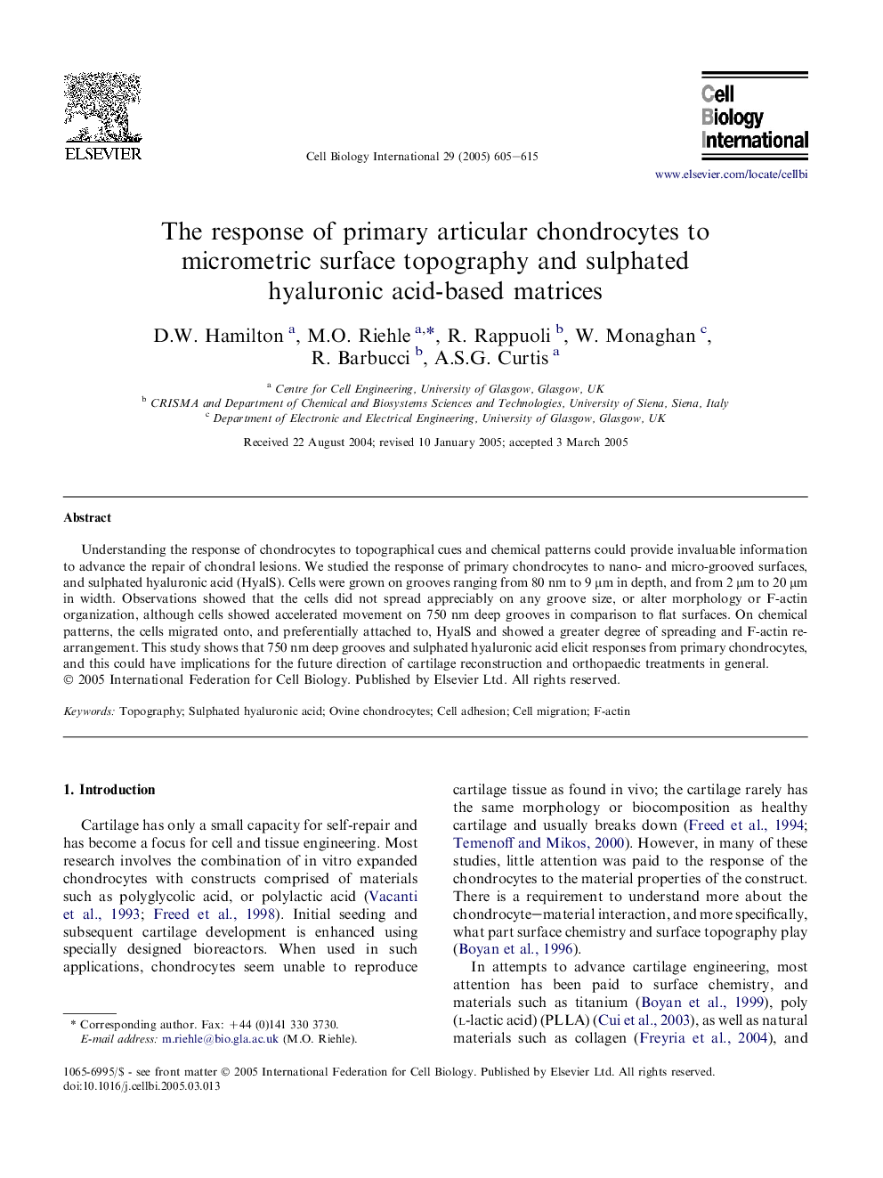 The response of primary articular chondrocytes to micrometric surface topography and sulphated hyaluronic acid-based matrices