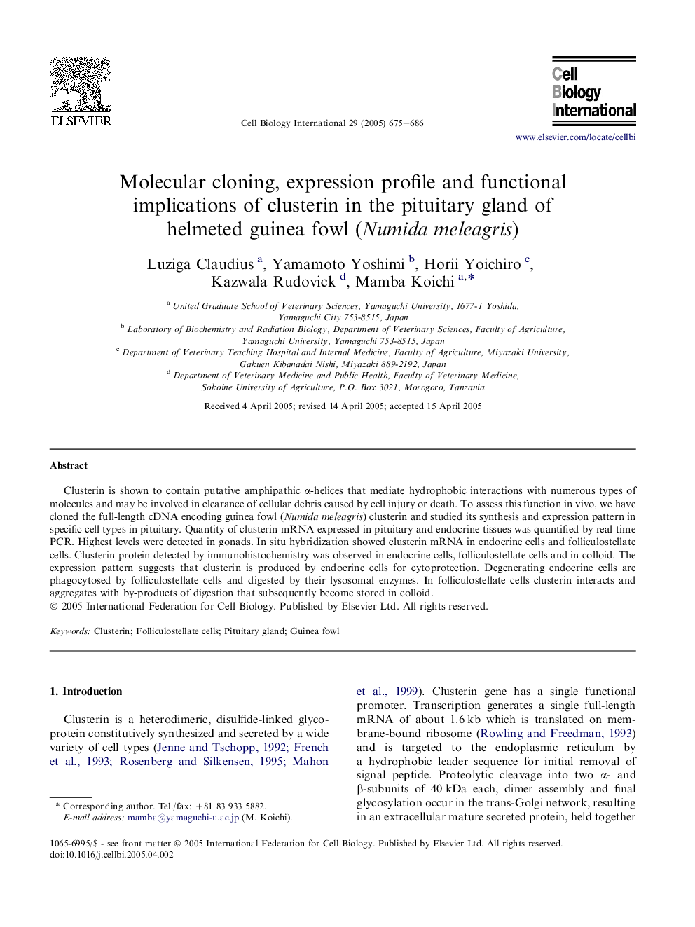 عکس صفحه اول مقاله: Molecular cloning, expression profile and functional implications of clusterin in the pituitary gland of helmeted guinea fowl (Numida meleagris) Molecular cloning, expression profile and functional implications of clusterin in the pituitary gland of helmeted guinea fowl (Numida meleagris)