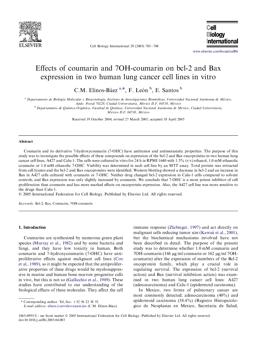 عکس صفحه اول مقاله: Effects of coumarin and 7OH-coumarin on bcl-2 and Bax expression in two human lung cancer cell lines in vitro Effects of coumarin and 7OH-coumarin on bcl-2 and Bax expression in two human lung cancer cell lines in vitro