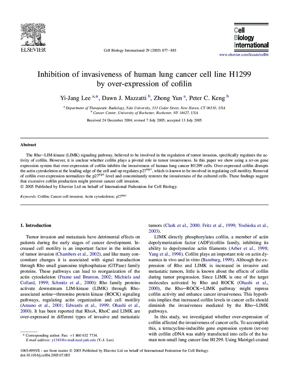 Inhibition of invasiveness of human lung cancer cell line H1299 by over-expression of cofilin