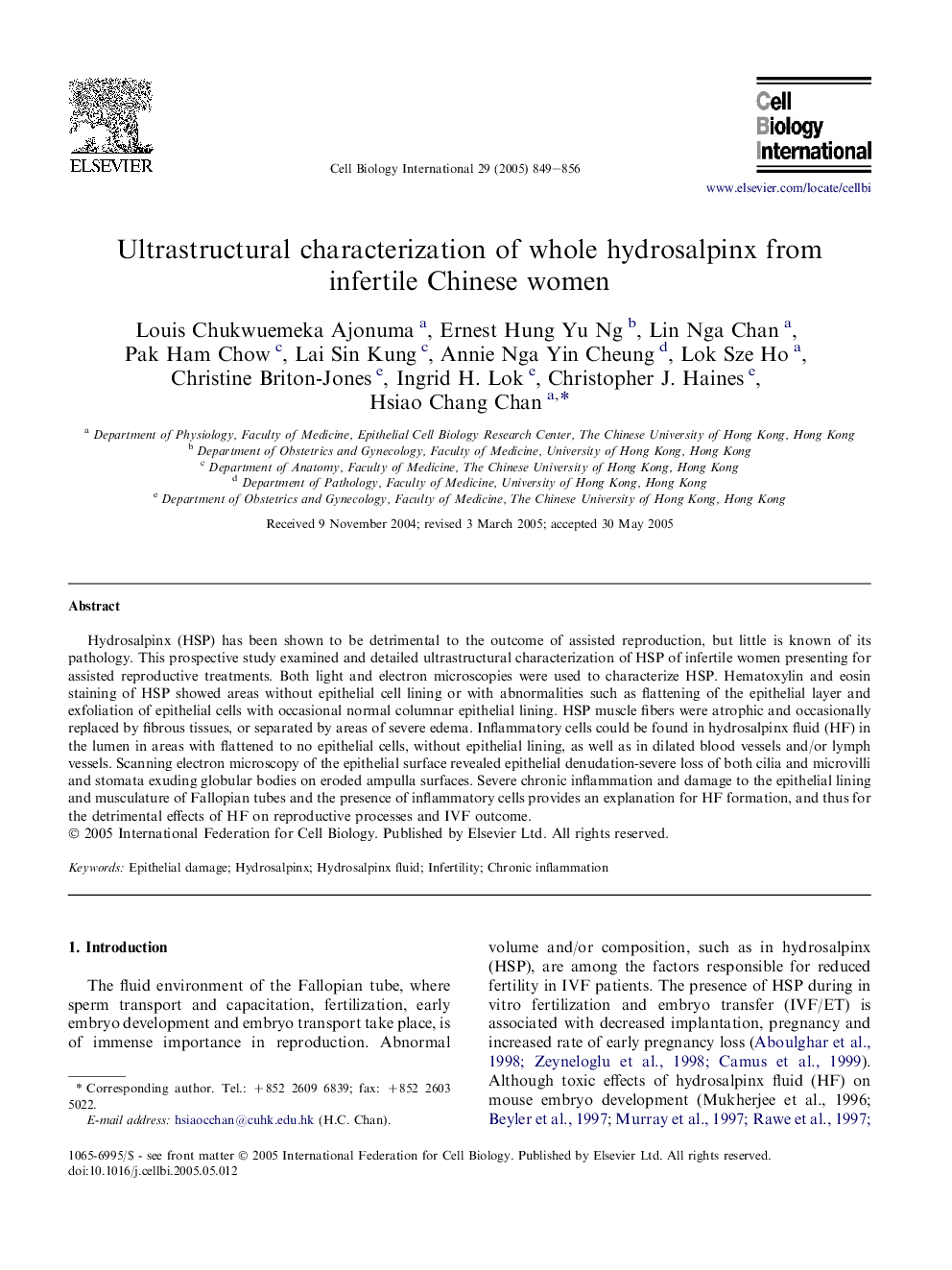 Ultrastructural characterization of whole hydrosalpinx from infertile Chinese women