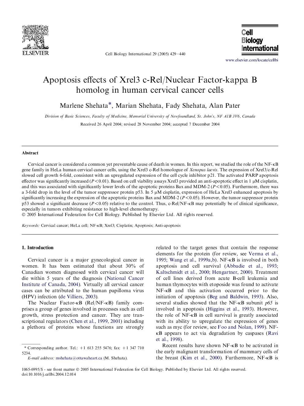 Apoptosis effects of Xrel3 c-Rel/Nuclear Factor-kappa B homolog in human cervical cancer cells