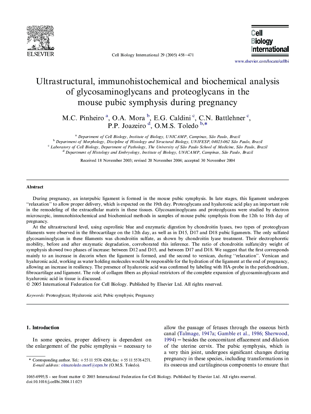 Ultrastructural, immunohistochemical and biochemical analysis of glycosaminoglycans and proteoglycans in the mouse pubic symphysis during pregnancy