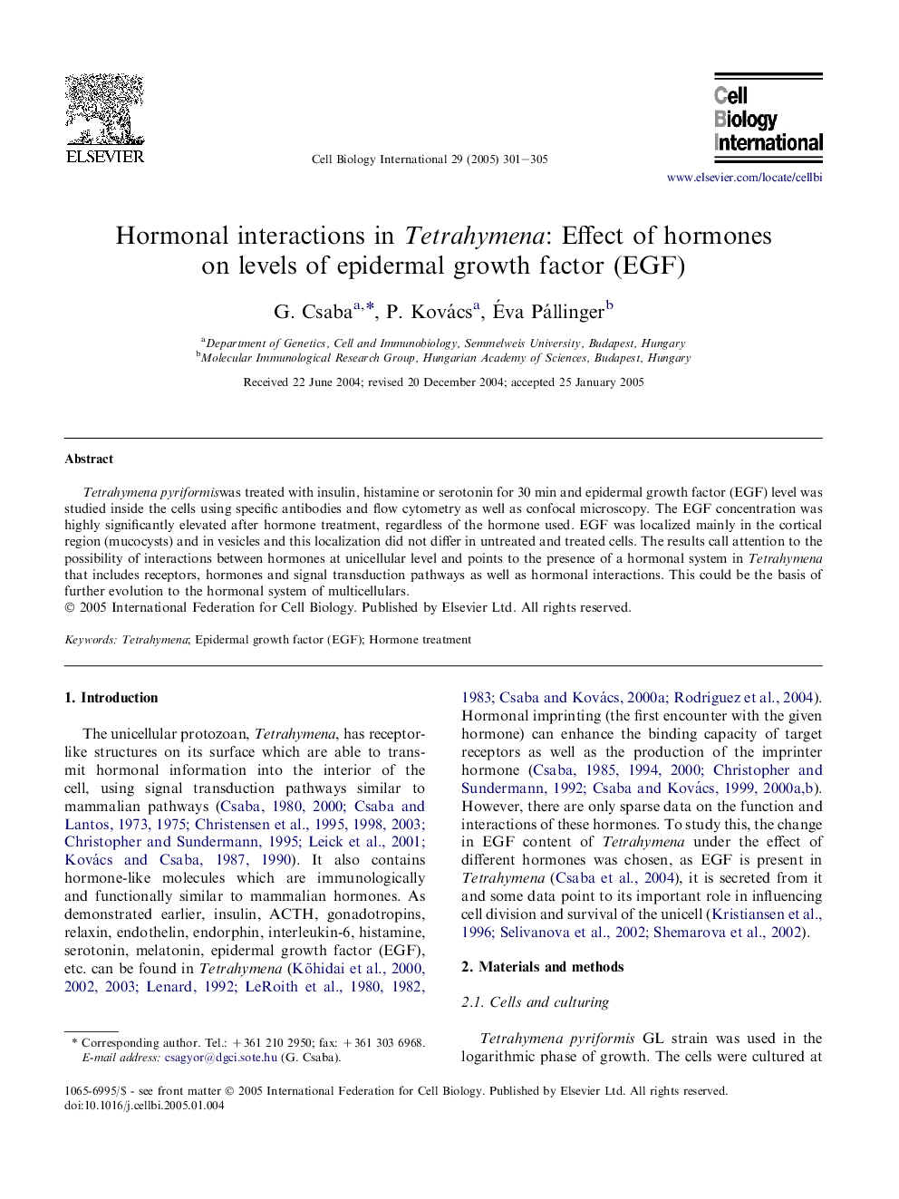 Hormonal interactions in Tetrahymena: Effect of hormones on levels of epidermal growth factor (EGF)