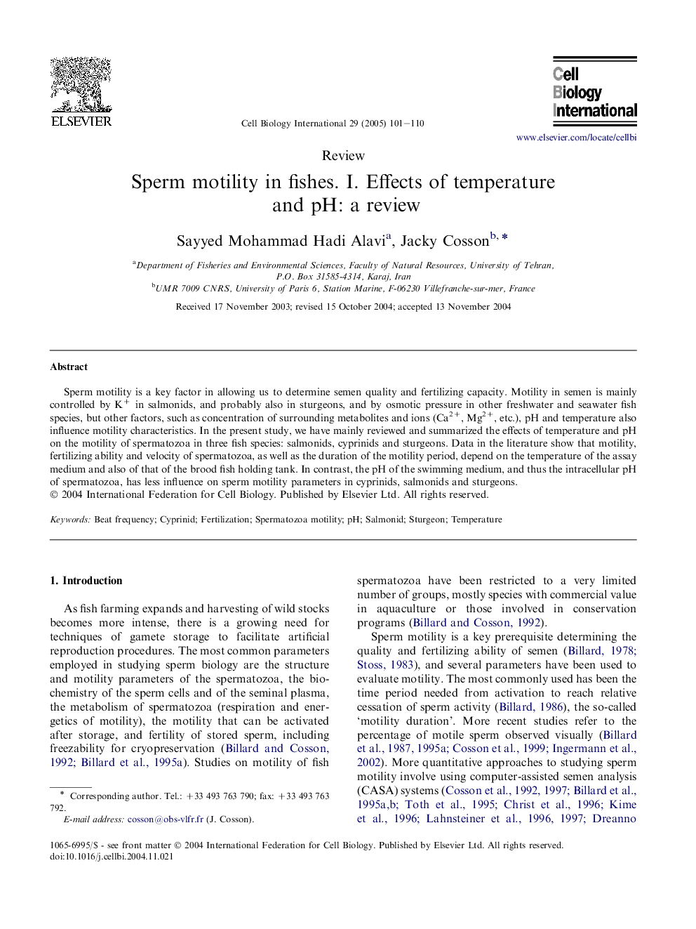 Sperm motility in fishes. I. Effects of temperature and pH: a review