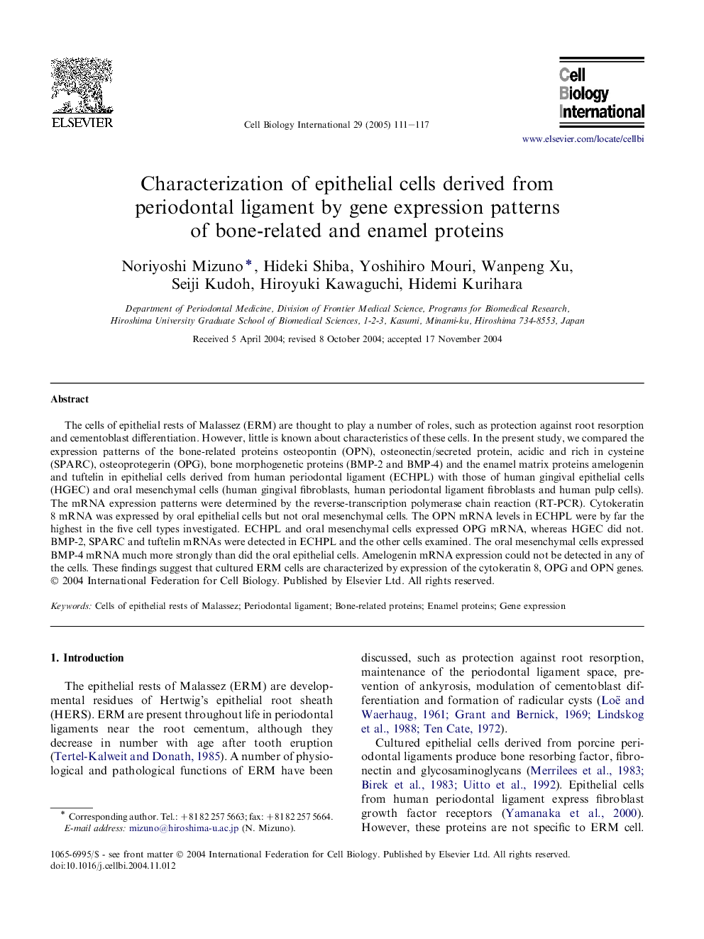 Characterization of epithelial cells derived from periodontal ligament by gene expression patterns of bone-related and enamel proteins