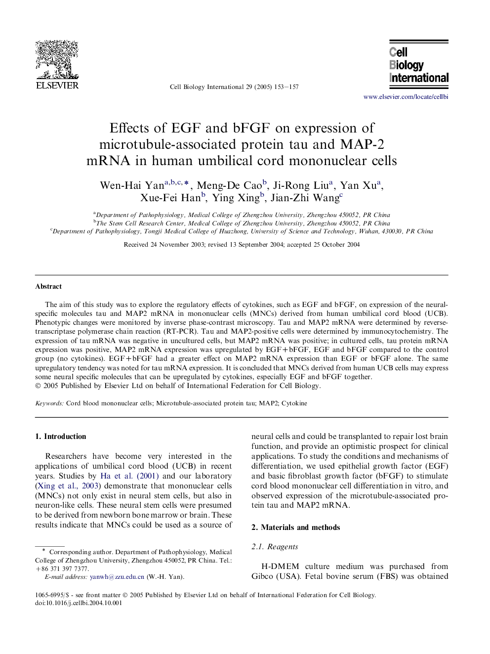 Effects of EGF and bFGF on expression of microtubule-associated protein tau and MAP-2 mRNA in human umbilical cord mononuclear cells