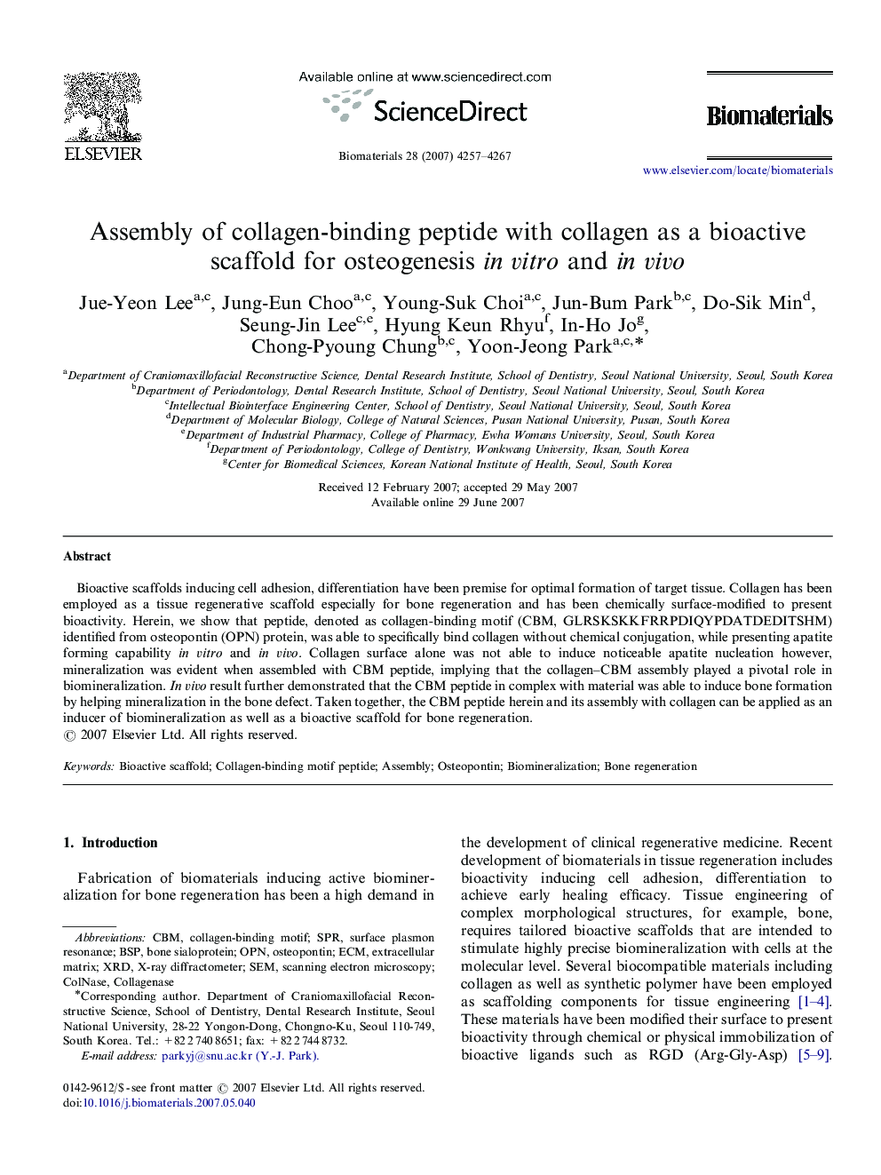 Assembly of collagen-binding peptide with collagen as a bioactive scaffold for osteogenesis in vitro and in vivo