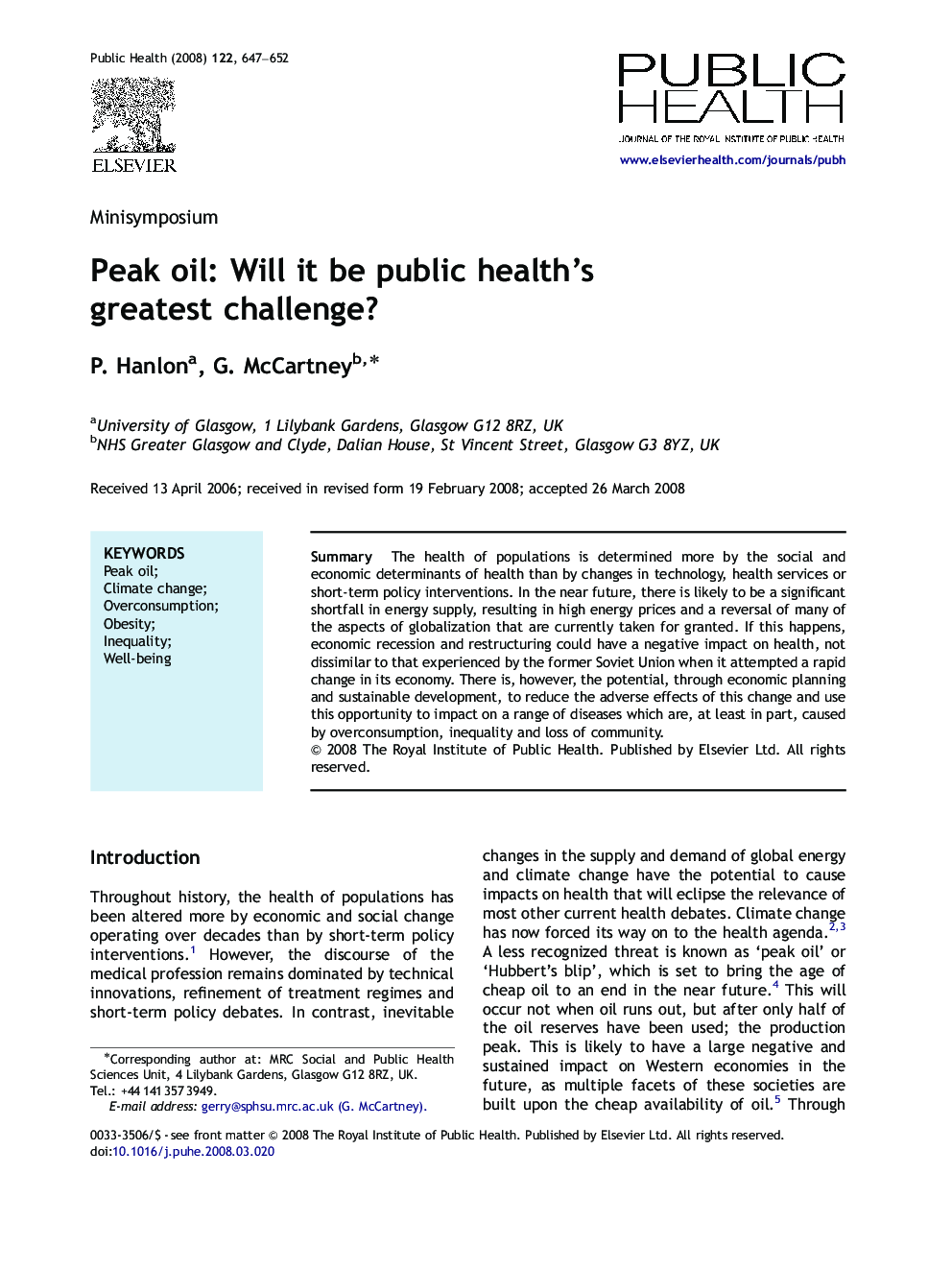 Peak oil: Will it be public health's greatest challenge?