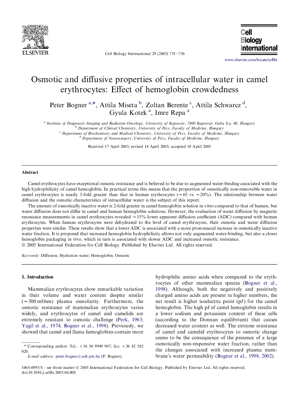 Osmotic and diffusive properties of intracellular water in camel erythrocytes: Effect of hemoglobin crowdedness