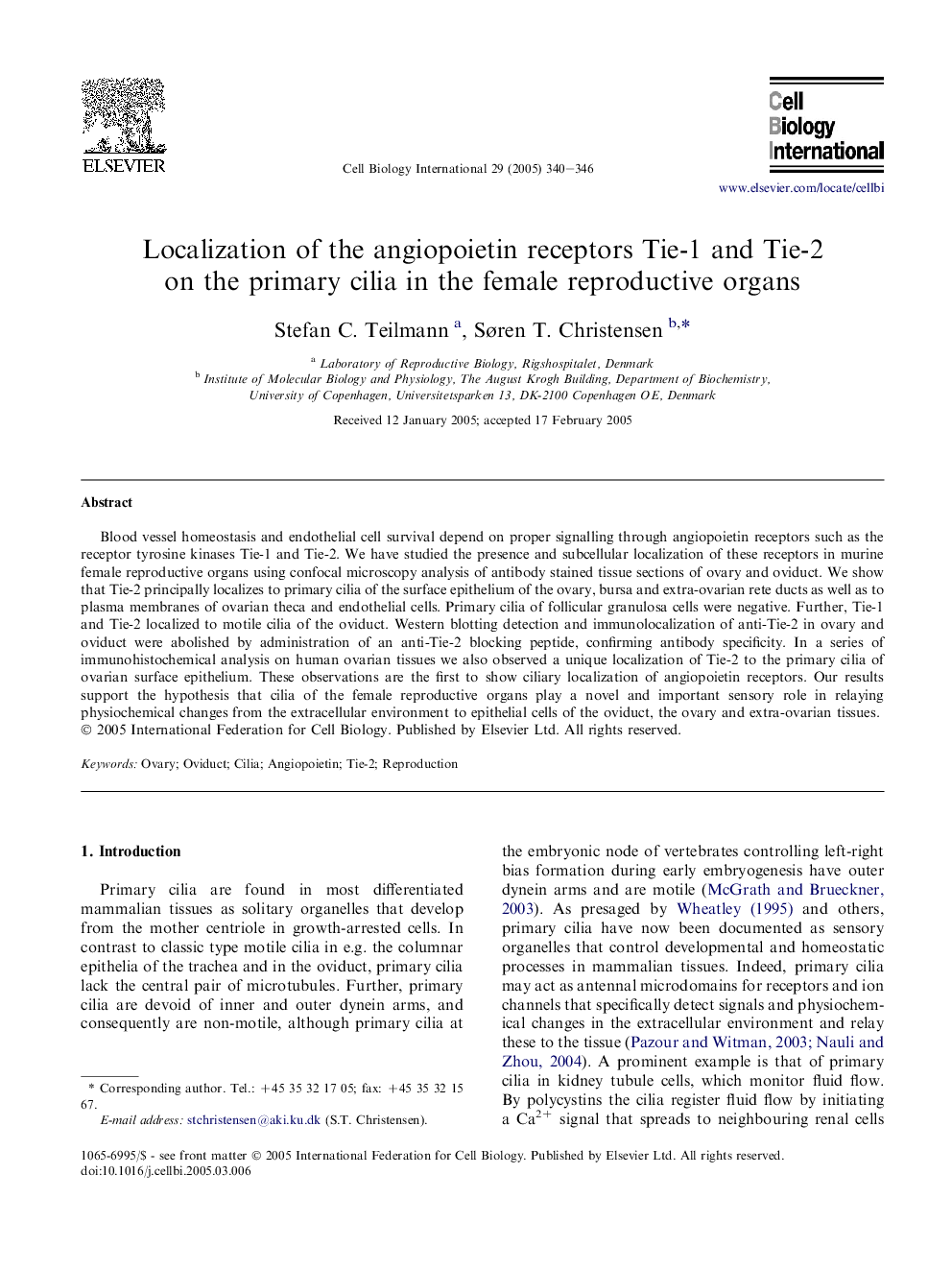 Localization of the angiopoietin receptors Tie-1 and Tie-2 on the primary cilia in the female reproductive organs