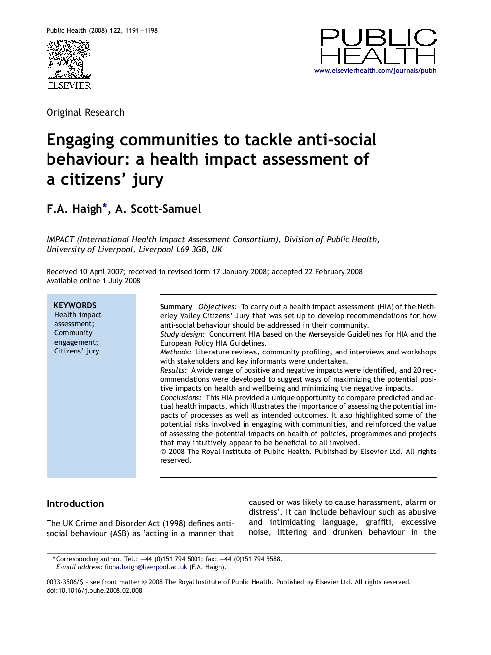 Engaging communities to tackle anti-social behaviour: a health impact assessment of a citizens' jury