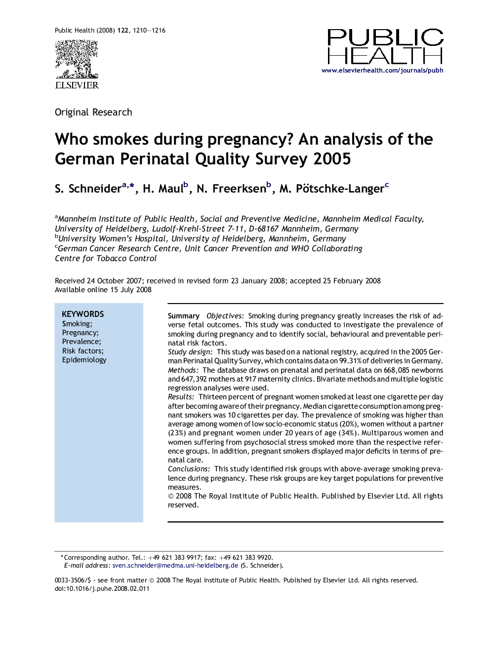 Who smokes during pregnancy? An analysis of the German Perinatal Quality Survey 2005