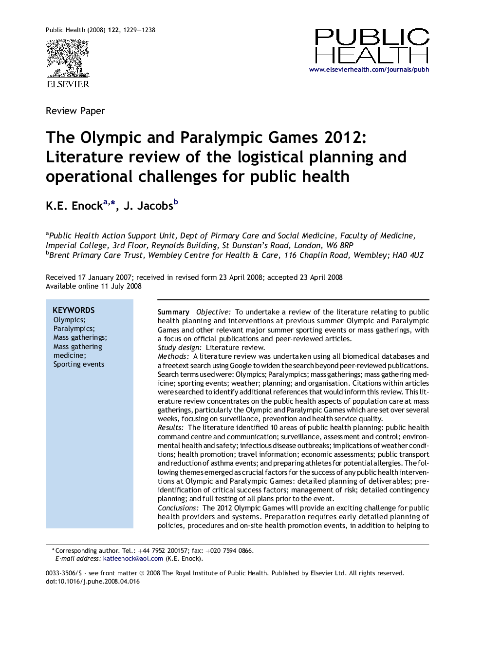 The Olympic and Paralympic Games 2012: Literature review of the logistical planning and operational challenges for public health