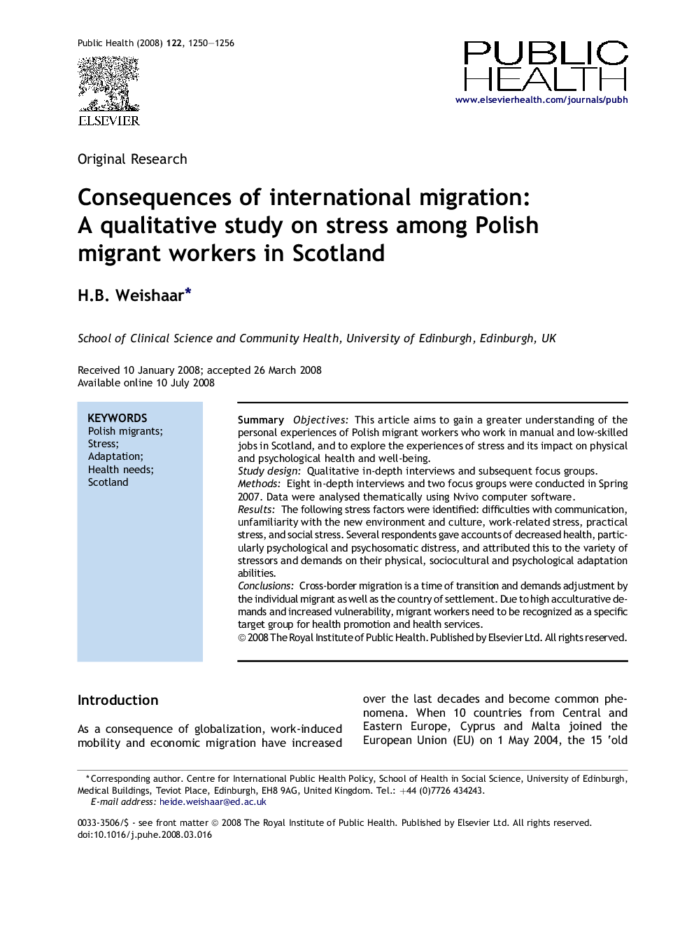 Consequences of international migration: A qualitative study on stress among Polish migrant workers in Scotland