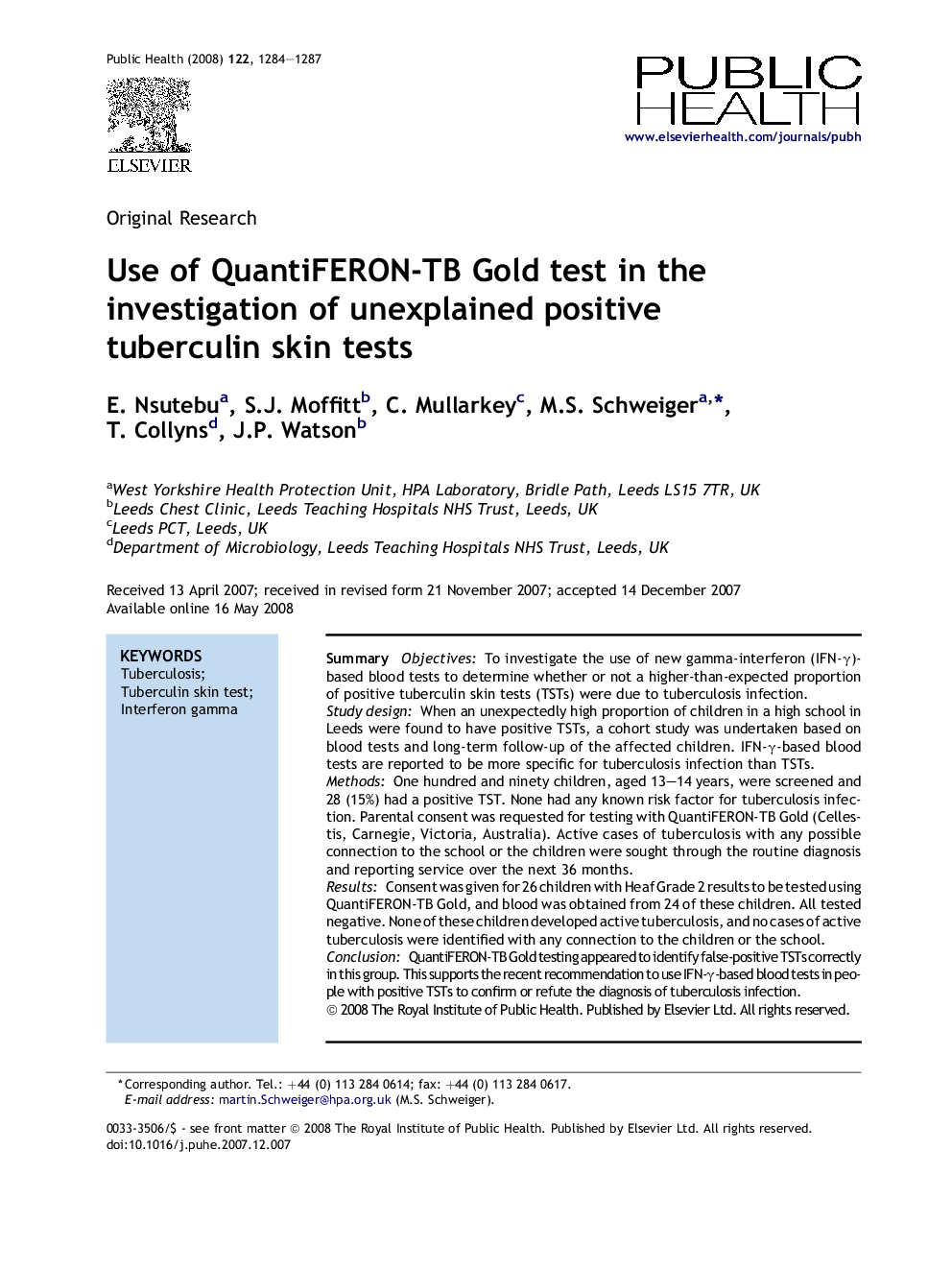 Use of QuantiFERON-TB Gold test in the investigation of unexplained positive tuberculin skin tests