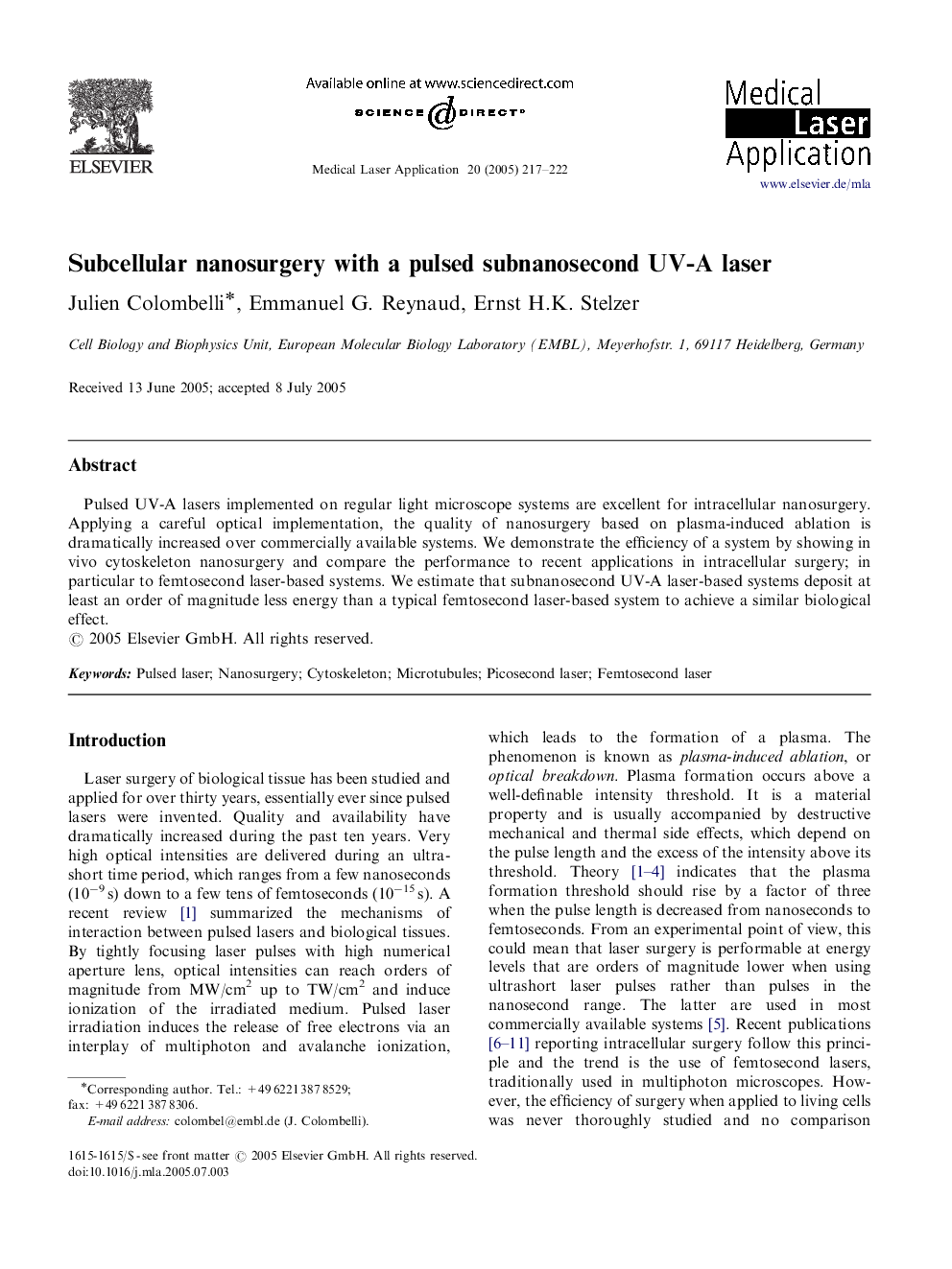 Subcellular nanosurgery with a pulsed subnanosecond UV-A laser