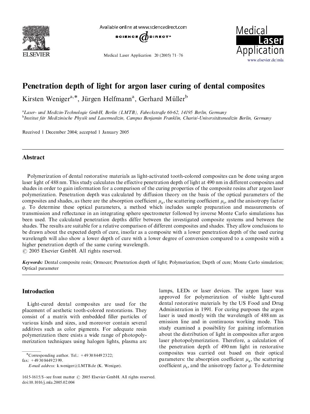 Penetration depth of light for argon laser curing of dental composites