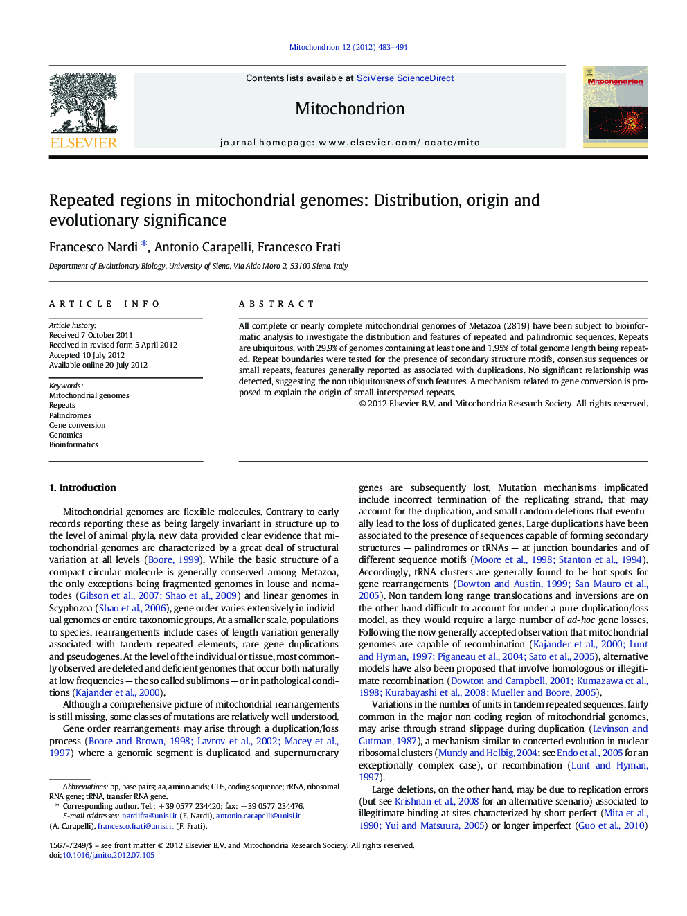 Repeated regions in mitochondrial genomes: Distribution, origin and evolutionary significance