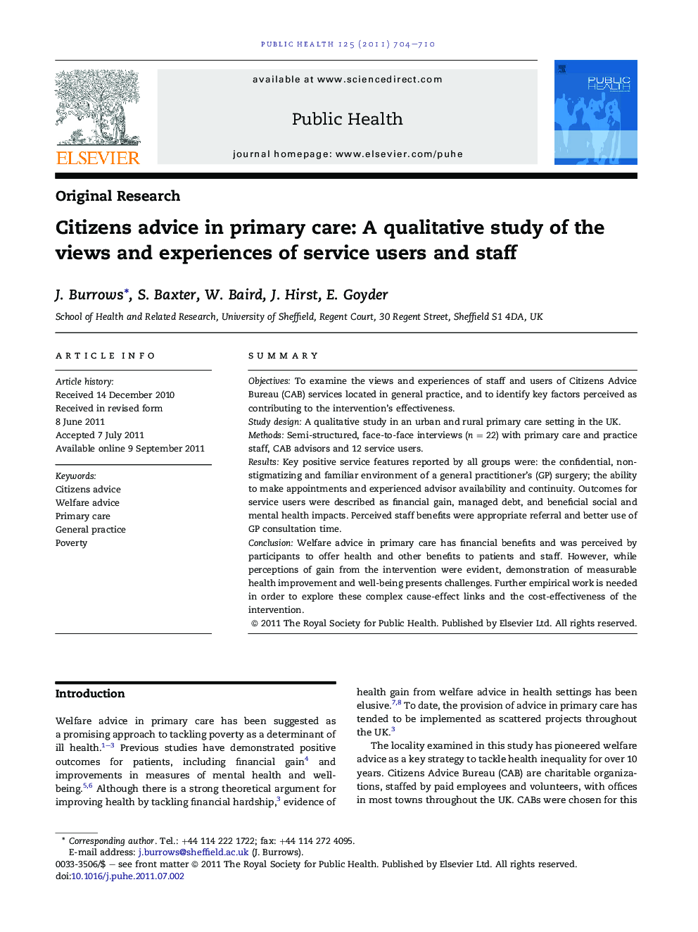 Citizens advice in primary care: A qualitative study of the views and experiences of service users and staff