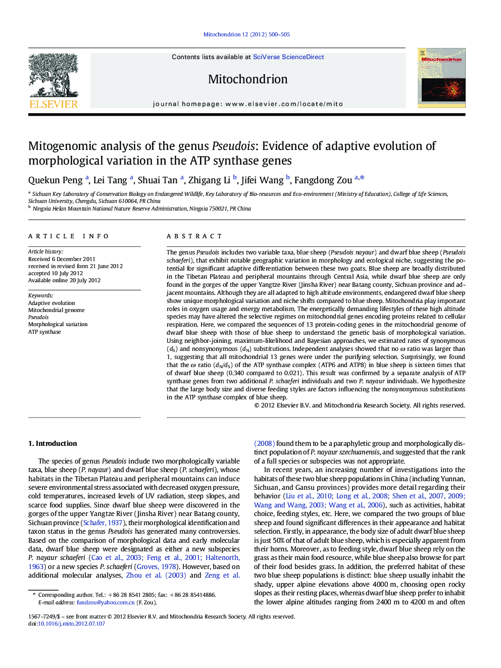 Mitogenomic analysis of the genus Pseudois: Evidence of adaptive evolution of morphological variation in the ATP synthase genes