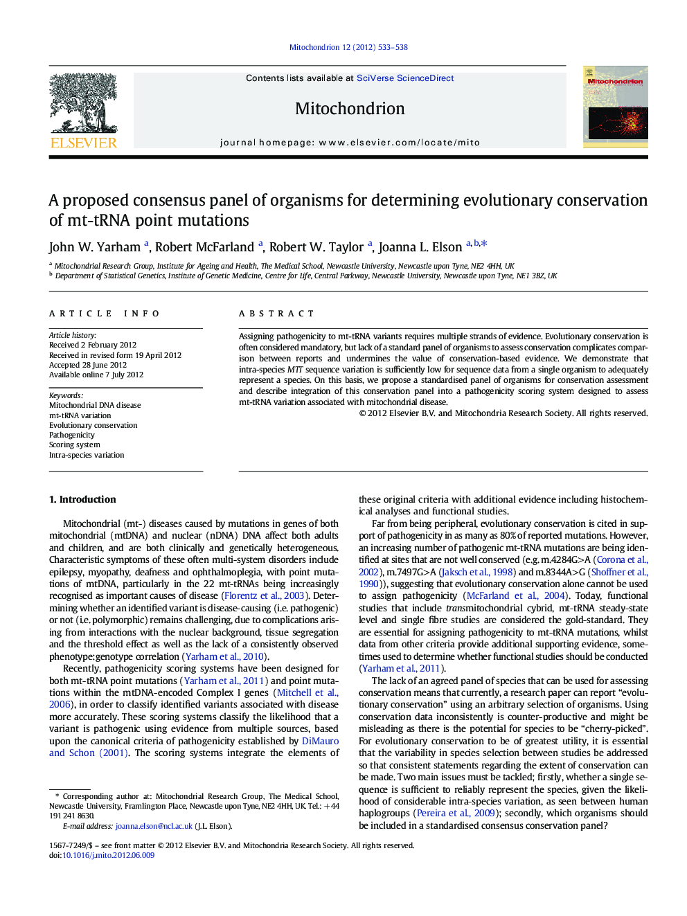 A proposed consensus panel of organisms for determining evolutionary conservation of mt-tRNA point mutations