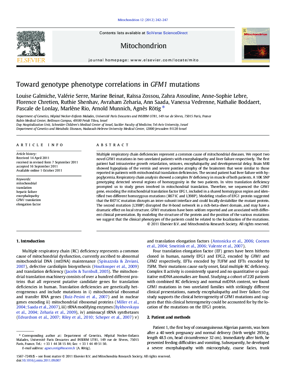 Toward genotype phenotype correlations in GFM1 mutations