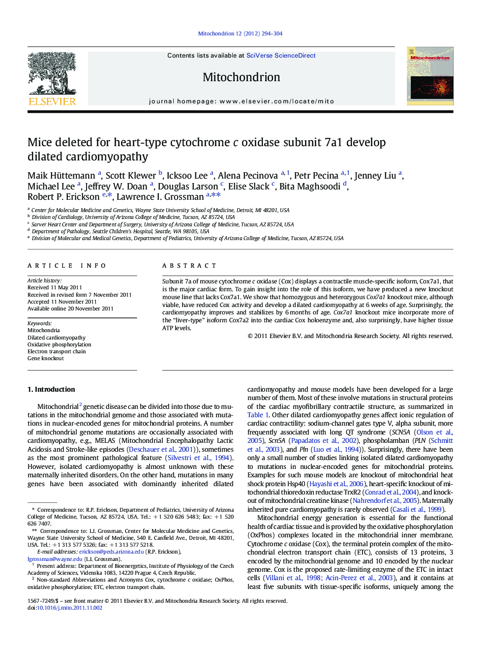 Mice deleted for heart-type cytochrome c oxidase subunit 7a1 develop dilated cardiomyopathy