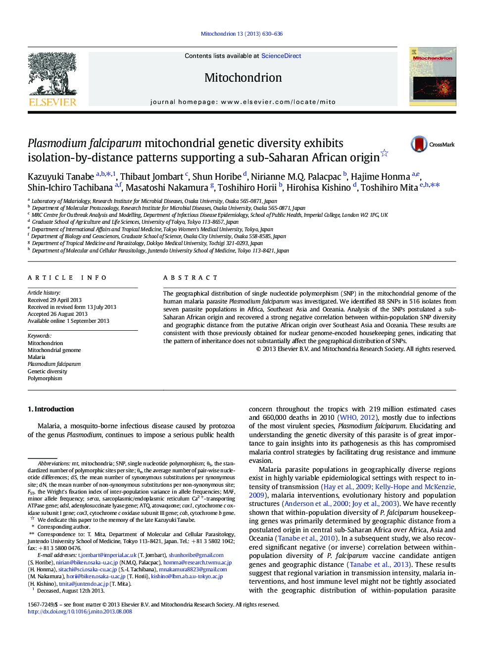 Plasmodium falciparum mitochondrial genetic diversity exhibits isolation-by-distance patterns supporting a sub-Saharan African origin