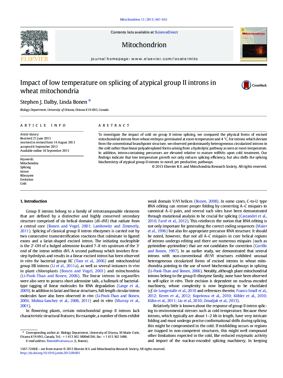 Impact of low temperature on splicing of atypical group II introns in wheat mitochondria