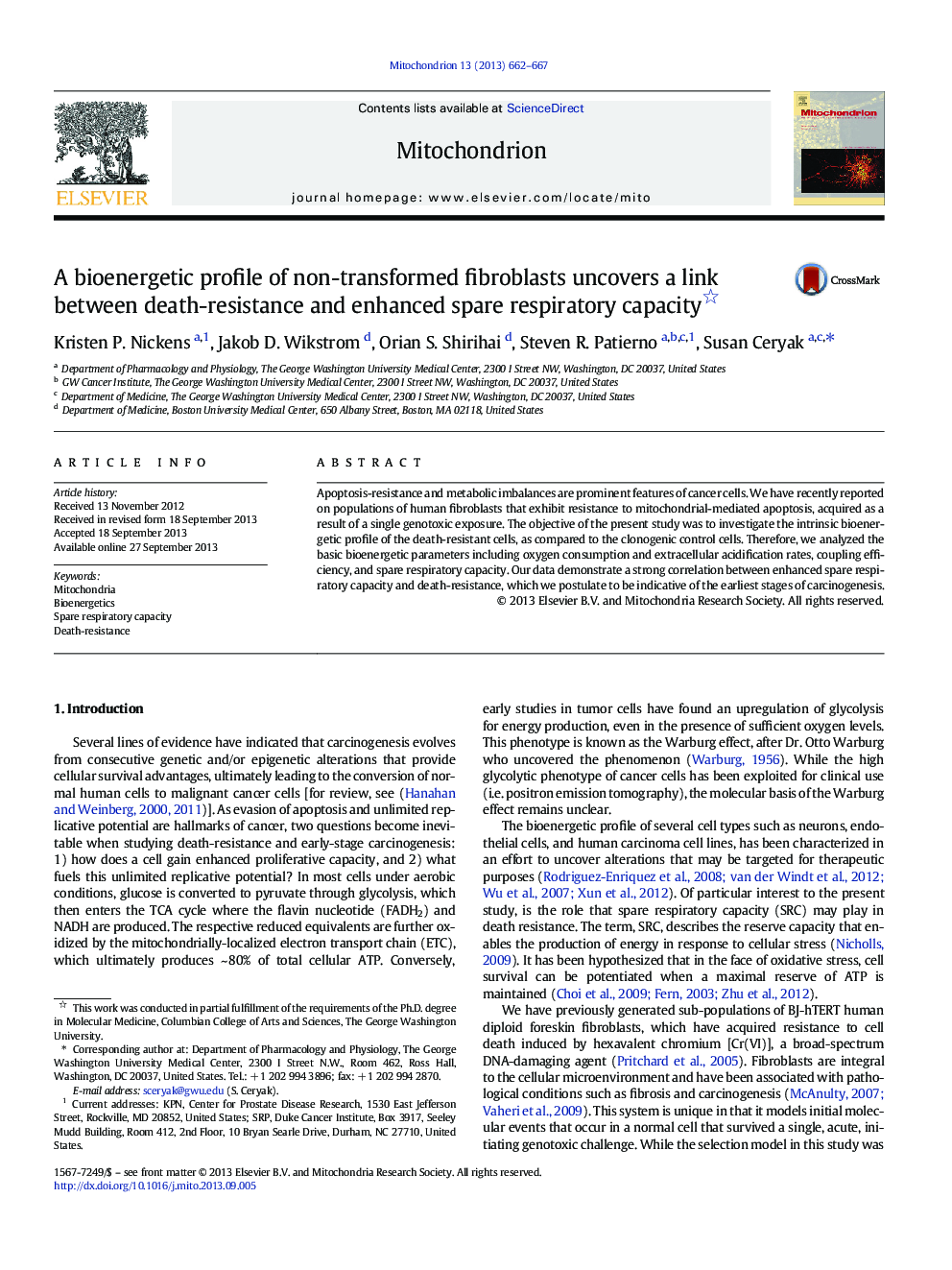 A bioenergetic profile of non-transformed fibroblasts uncovers a link between death-resistance and enhanced spare respiratory capacity