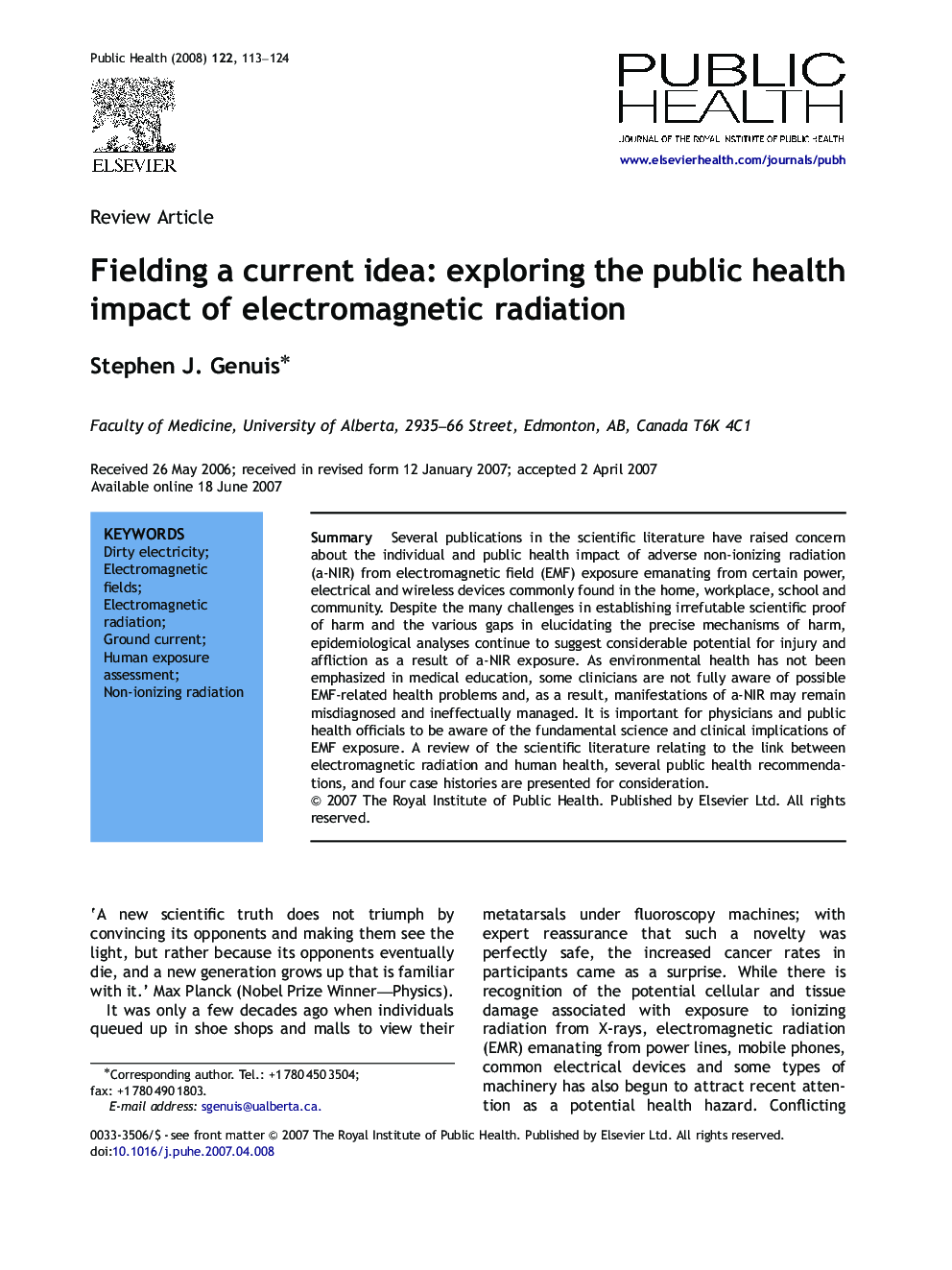 Fielding a current idea: exploring the public health impact of electromagnetic radiation