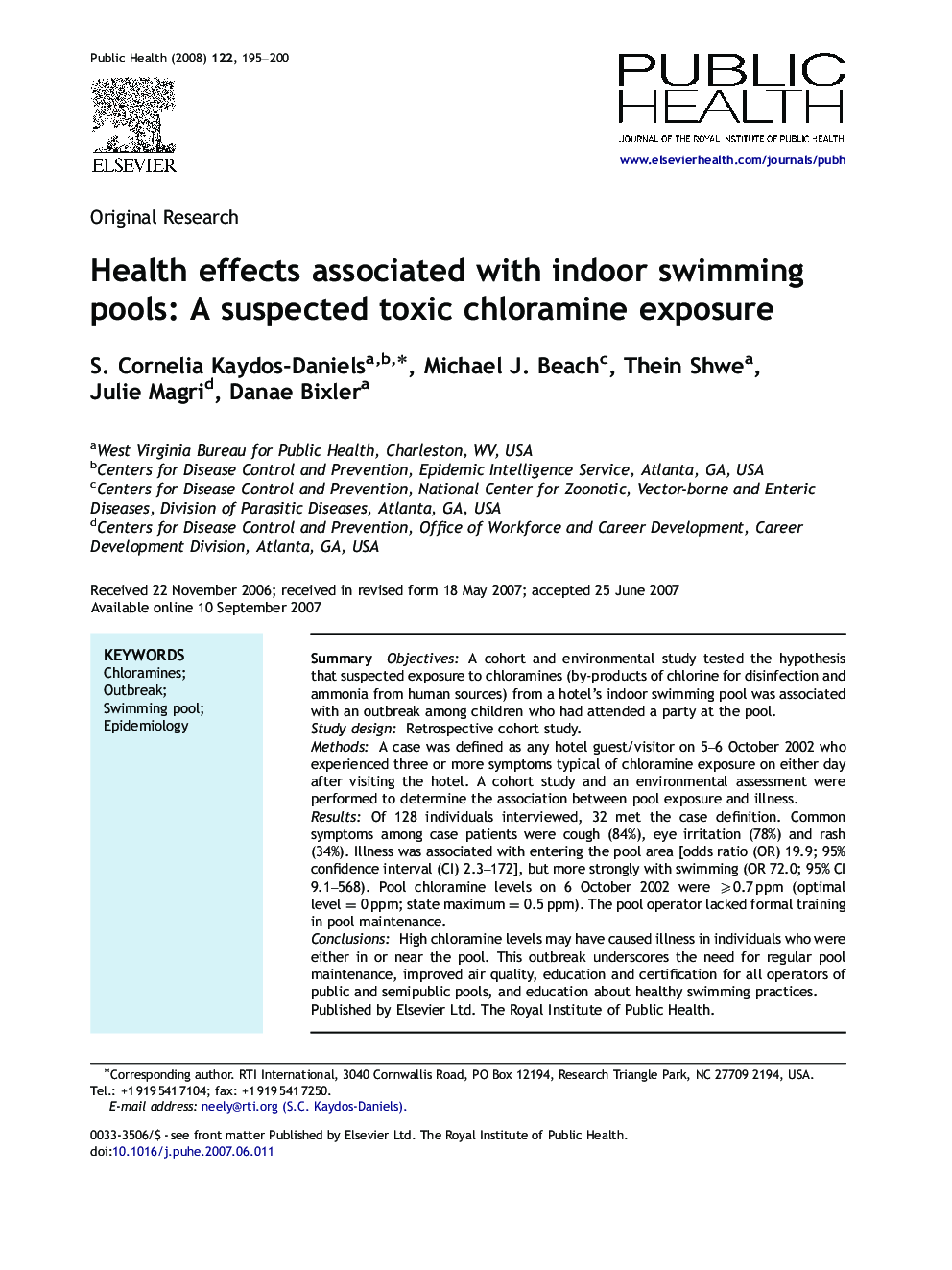 Health effects associated with indoor swimming pools: A suspected toxic chloramine exposure