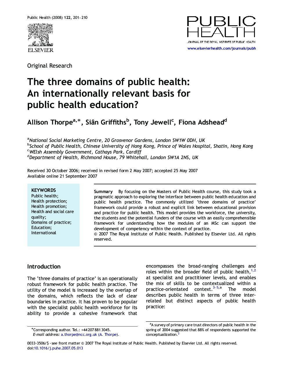 The three domains of public health: An internationally relevant basis for public health education?