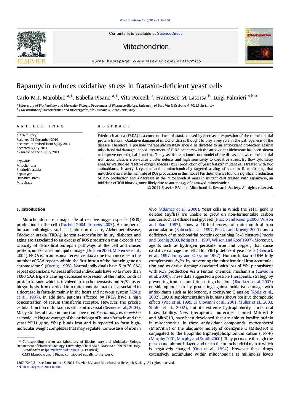 Rapamycin reduces oxidative stress in frataxin-deficient yeast cells