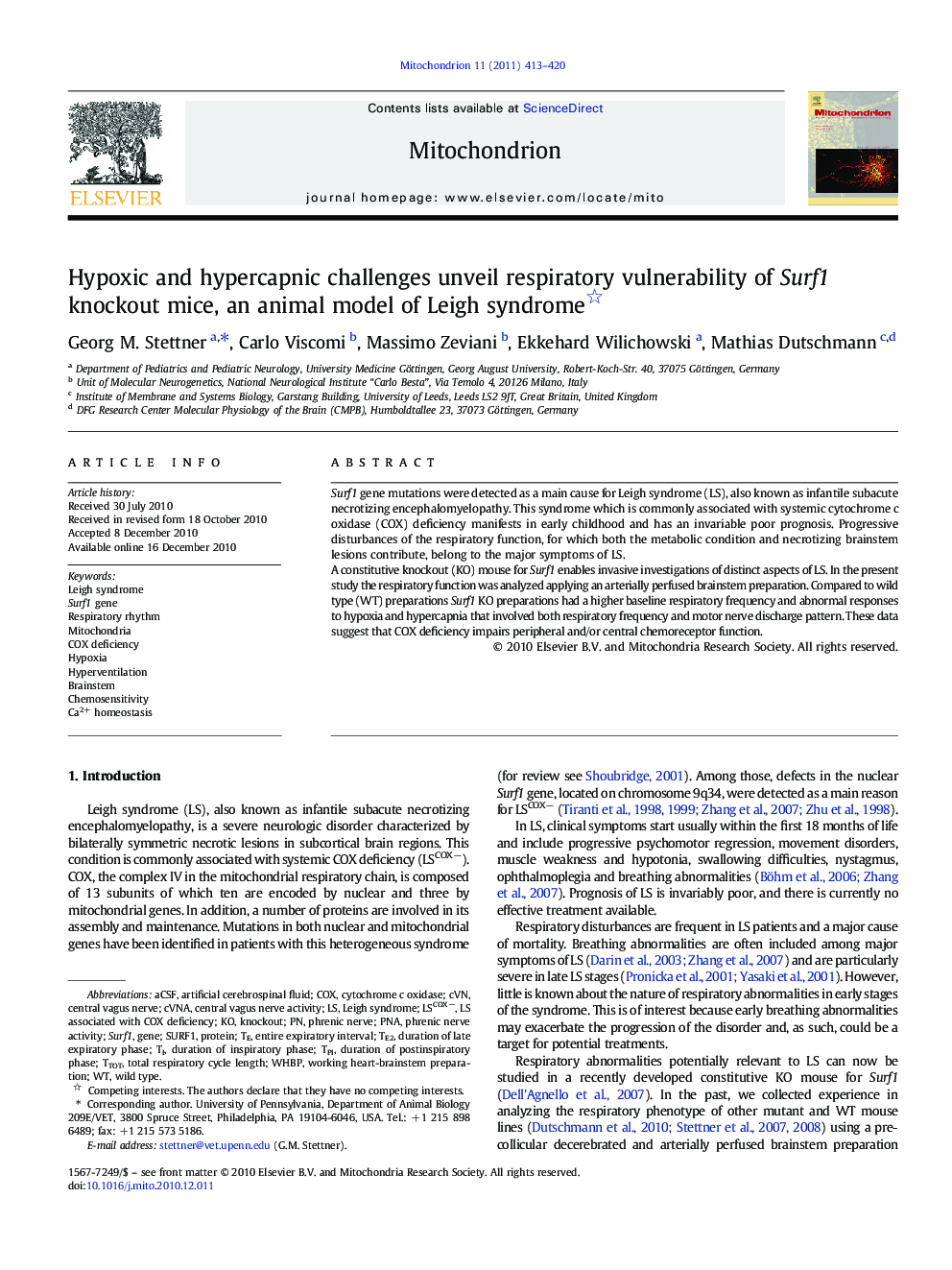 Hypoxic and hypercapnic challenges unveil respiratory vulnerability of Surf1 knockout mice, an animal model of Leigh syndrome