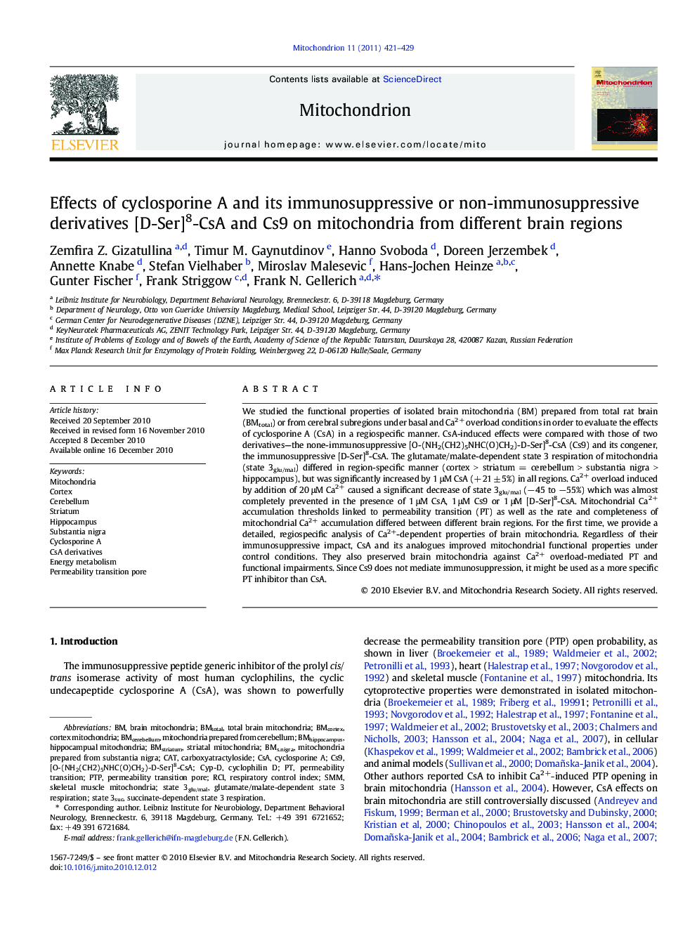 Effects of cyclosporine A and its immunosuppressive or non-immunosuppressive derivatives [D-Ser]8-CsA and Cs9 on mitochondria from different brain regions