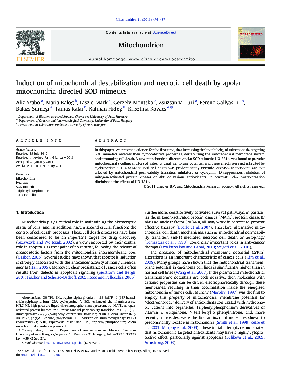عکس صفحه اول مقاله: Induction of mitochondrial destabilization and necrotic cell death by apolar mitochondria-directed SOD mimetics Induction of mitochondrial destabilization and necrotic cell death by apolar mitochondria-directed SOD mimetics