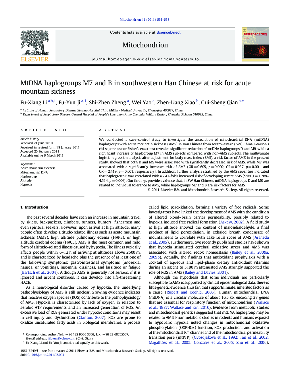 MtDNA haplogroups M7 and B in southwestern Han Chinese at risk for acute mountain sickness