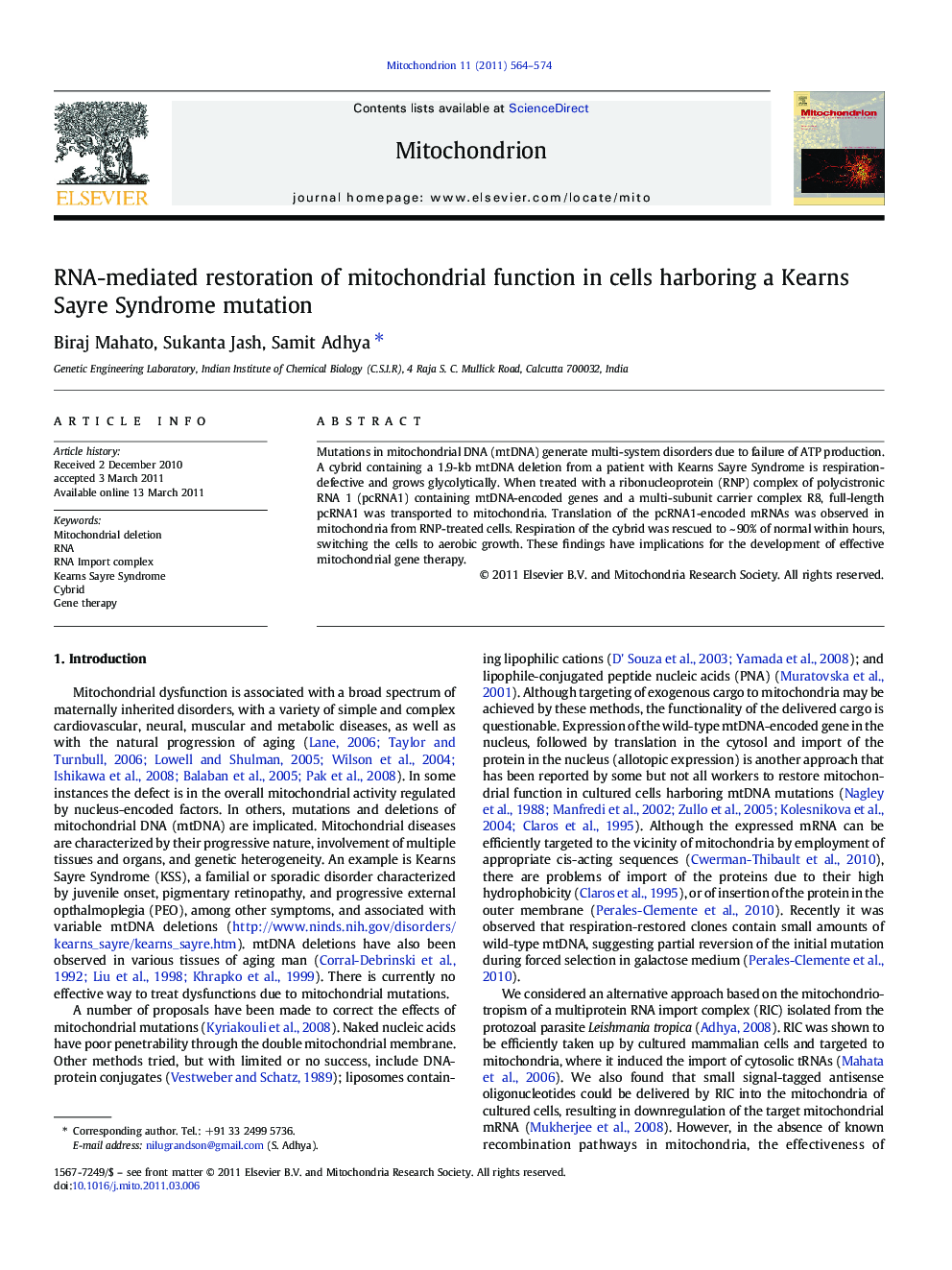 RNA-mediated restoration of mitochondrial function in cells harboring a Kearns Sayre Syndrome mutation