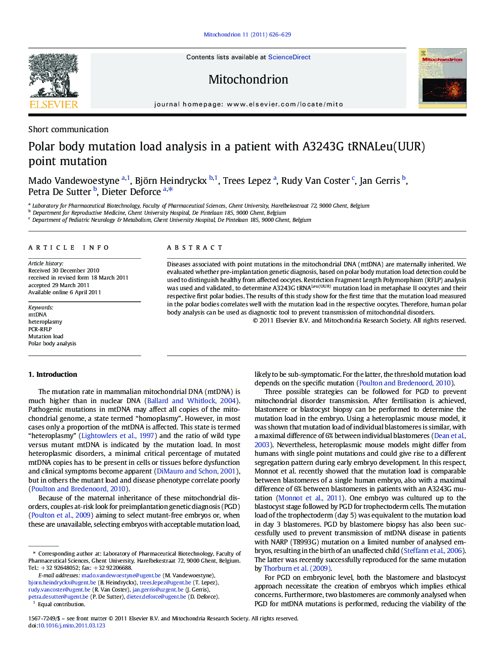 عکس صفحه اول مقاله: Polar body mutation load analysis in a patient with A3243G tRNALeu(UUR) point mutation Polar body mutation load analysis in a patient with A3243G tRNALeu(UUR) point mutation