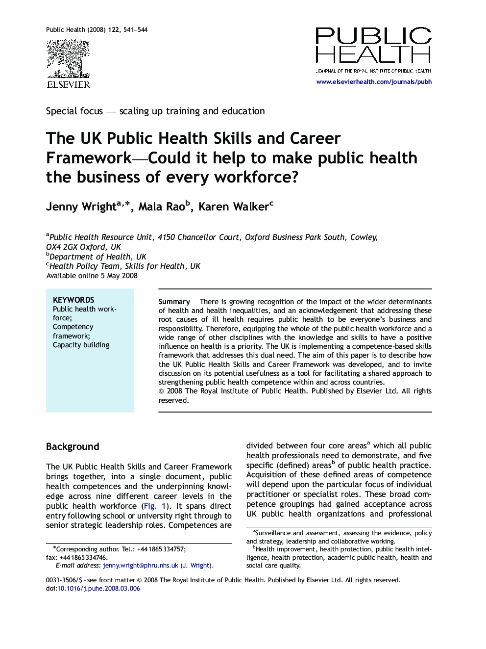 The UK Public Health Skills and Career Framework—Could it help to make public health the business of every workforce?